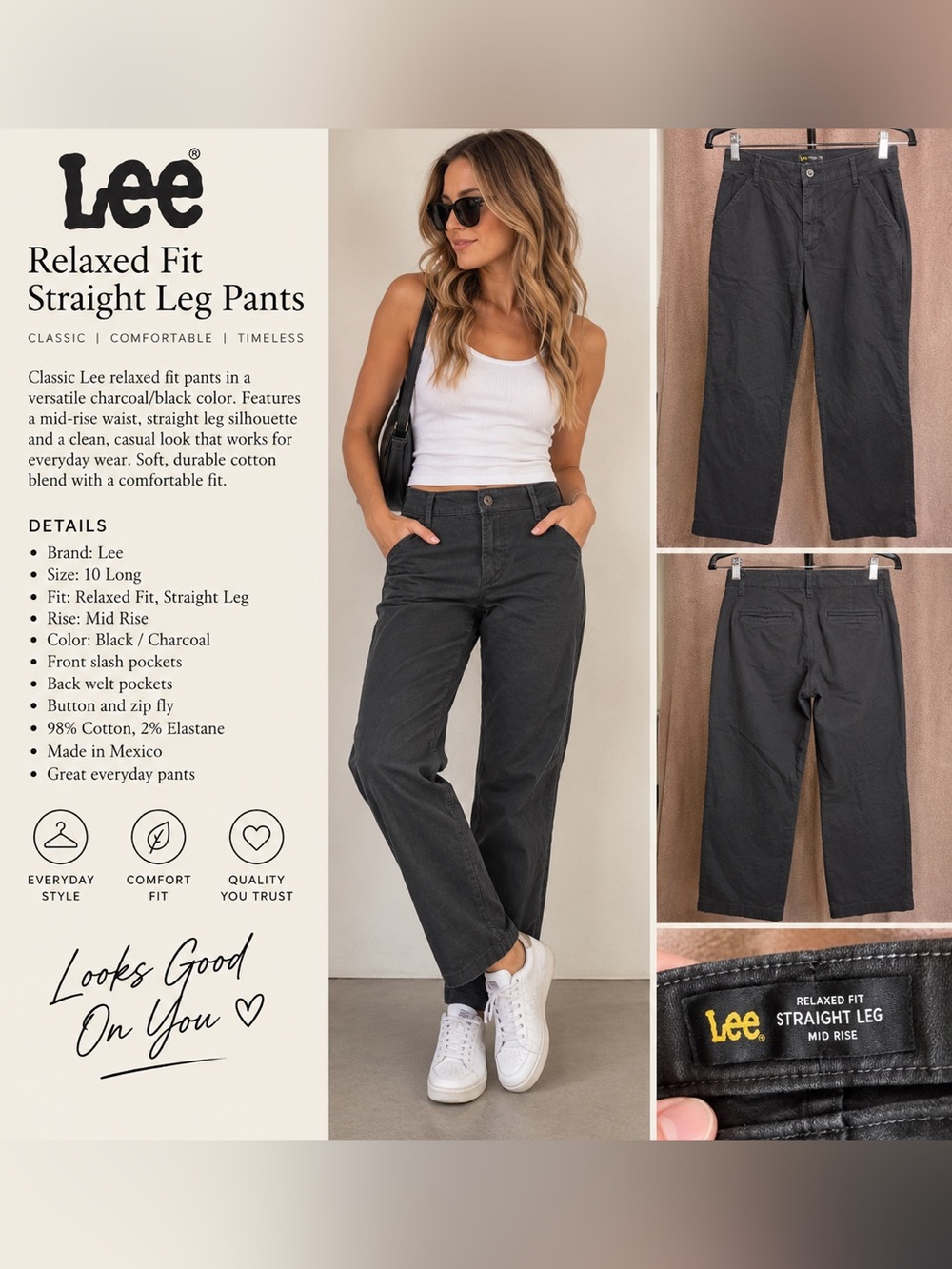 Lee Relaxed Fit Straight Leg Pants Women’s 10 Long Black Mid Rise Stretch